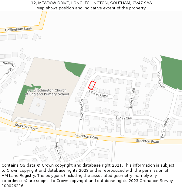 12, MEADOW DRIVE, LONG ITCHINGTON, SOUTHAM, CV47 9AA: Location map and indicative extent of plot