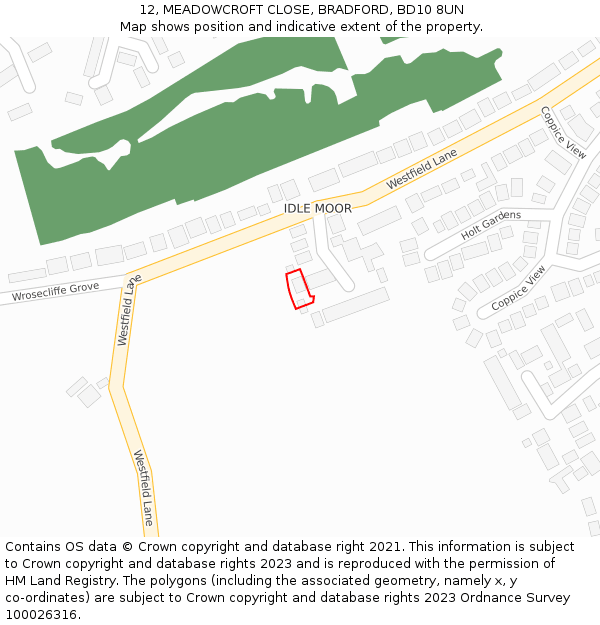 12, MEADOWCROFT CLOSE, BRADFORD, BD10 8UN: Location map and indicative extent of plot