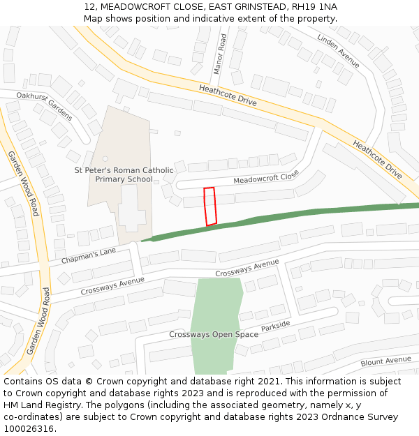 12, MEADOWCROFT CLOSE, EAST GRINSTEAD, RH19 1NA: Location map and indicative extent of plot