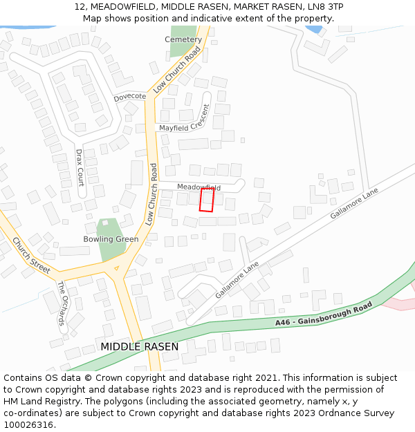 12, MEADOWFIELD, MIDDLE RASEN, MARKET RASEN, LN8 3TP: Location map and indicative extent of plot