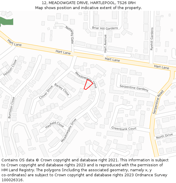 12, MEADOWGATE DRIVE, HARTLEPOOL, TS26 0RH: Location map and indicative extent of plot