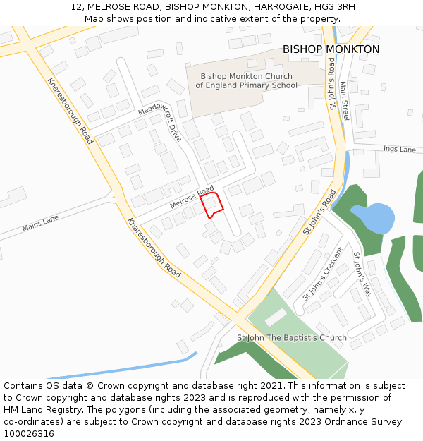 12, MELROSE ROAD, BISHOP MONKTON, HARROGATE, HG3 3RH: Location map and indicative extent of plot