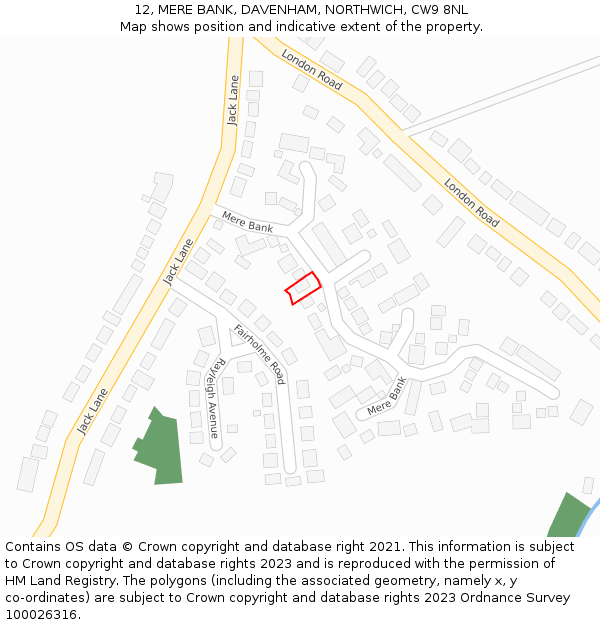 12, MERE BANK, DAVENHAM, NORTHWICH, CW9 8NL: Location map and indicative extent of plot