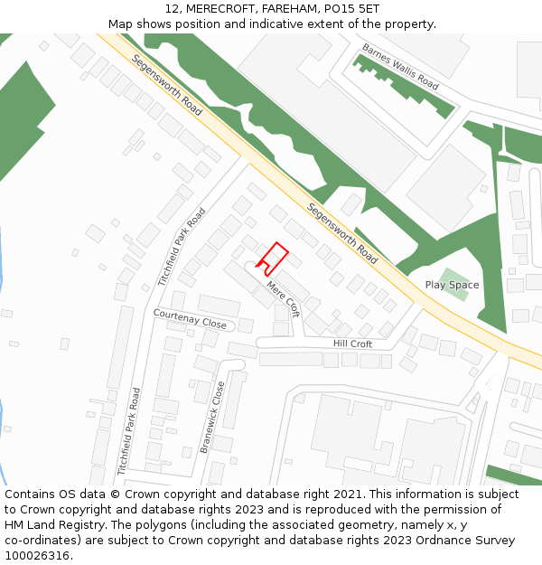 12, MERECROFT, FAREHAM, PO15 5ET: Location map and indicative extent of plot