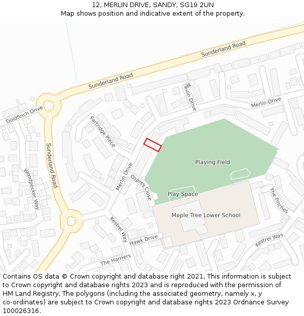 12, MERLIN DRIVE, SANDY, SG19 2UN: Location map and indicative extent of plot