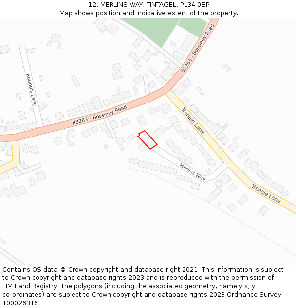 12, MERLINS WAY, TINTAGEL, PL34 0BP: Location map and indicative extent of plot