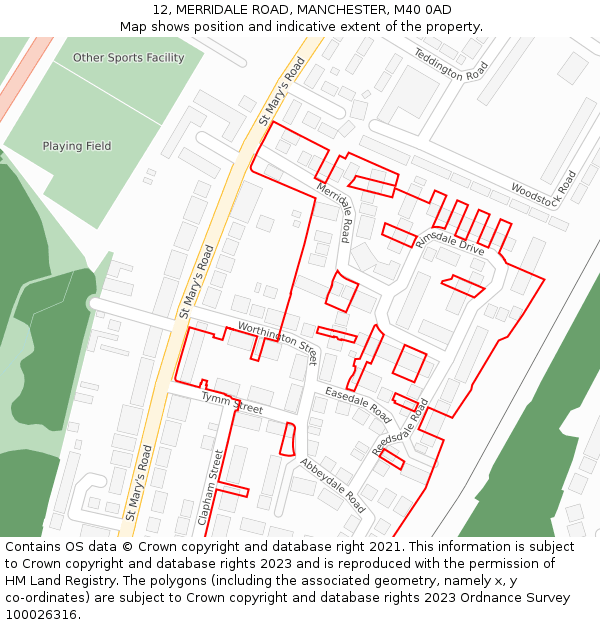 12, MERRIDALE ROAD, MANCHESTER, M40 0AD: Location map and indicative extent of plot