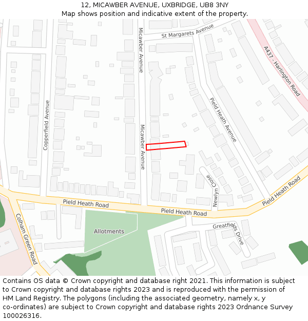 12, MICAWBER AVENUE, UXBRIDGE, UB8 3NY: Location map and indicative extent of plot