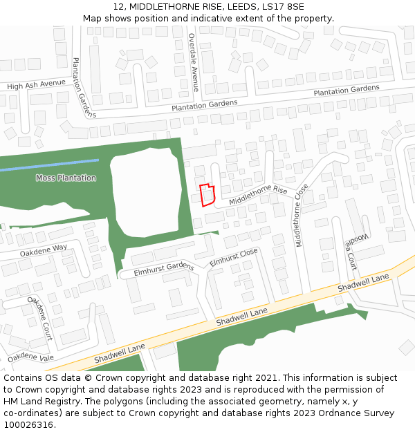 12, MIDDLETHORNE RISE, LEEDS, LS17 8SE: Location map and indicative extent of plot