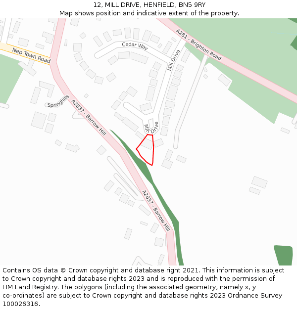 12, MILL DRIVE, HENFIELD, BN5 9RY: Location map and indicative extent of plot