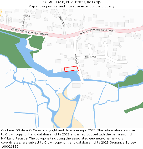 12, MILL LANE, CHICHESTER, PO19 3JN: Location map and indicative extent of plot