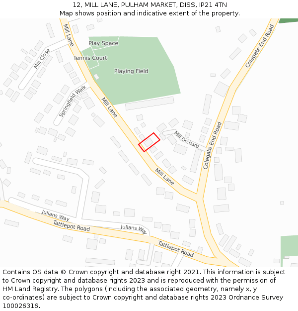 12, MILL LANE, PULHAM MARKET, DISS, IP21 4TN: Location map and indicative extent of plot