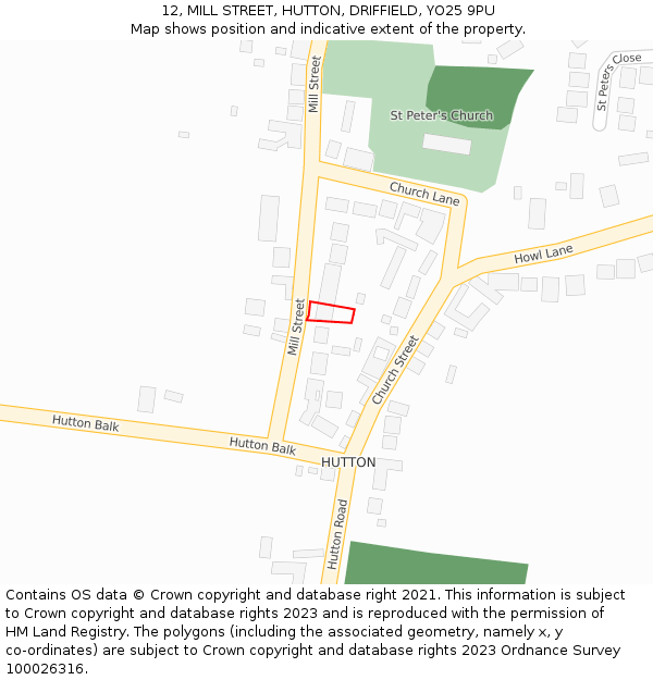 12, MILL STREET, HUTTON, DRIFFIELD, YO25 9PU: Location map and indicative extent of plot