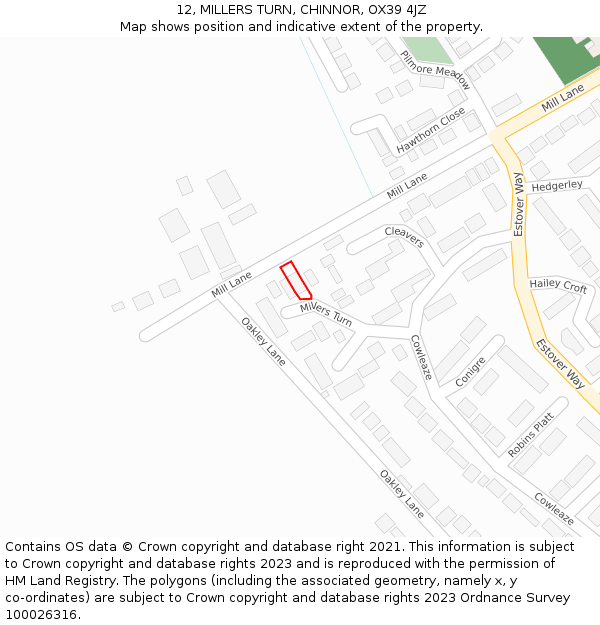 12, MILLERS TURN, CHINNOR, OX39 4JZ: Location map and indicative extent of plot