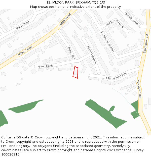 12, MILTON PARK, BRIXHAM, TQ5 0AT: Location map and indicative extent of plot