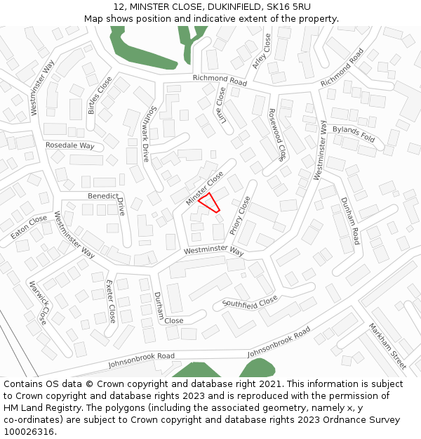 12, MINSTER CLOSE, DUKINFIELD, SK16 5RU: Location map and indicative extent of plot