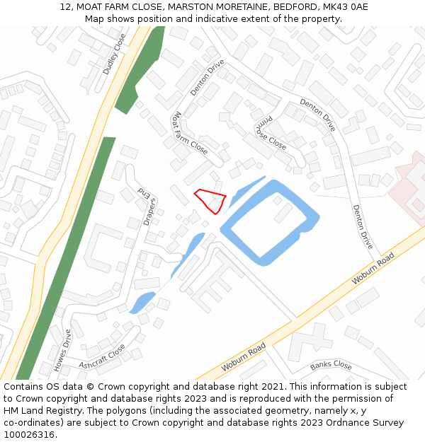 12, MOAT FARM CLOSE, MARSTON MORETAINE, BEDFORD, MK43 0AE: Location map and indicative extent of plot