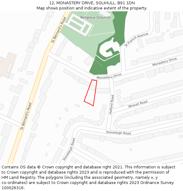 12, MONASTERY DRIVE, SOLIHULL, B91 1DN: Location map and indicative extent of plot