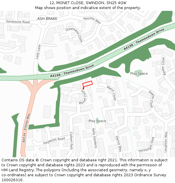 12, MONET CLOSE, SWINDON, SN25 4GW: Location map and indicative extent of plot