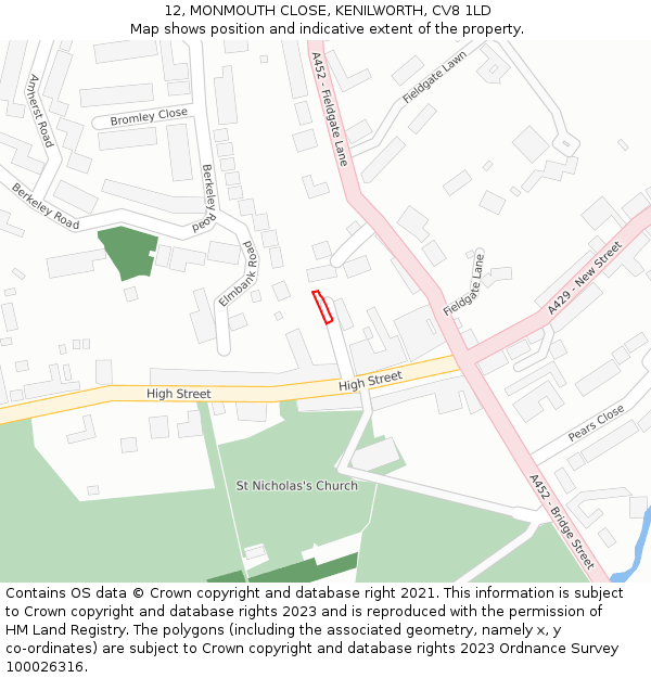 12, MONMOUTH CLOSE, KENILWORTH, CV8 1LD: Location map and indicative extent of plot