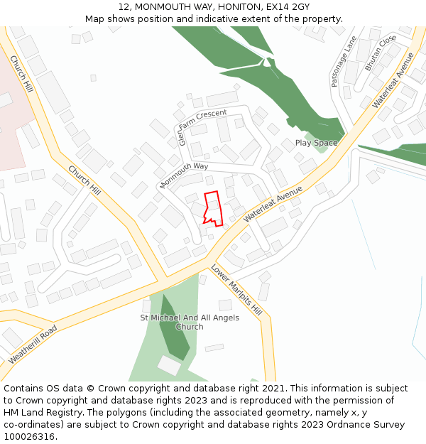 12, MONMOUTH WAY, HONITON, EX14 2GY: Location map and indicative extent of plot