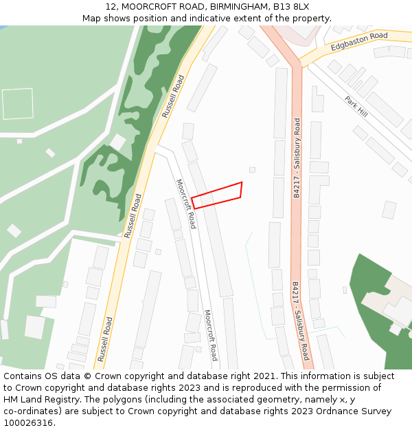 12, MOORCROFT ROAD, BIRMINGHAM, B13 8LX: Location map and indicative extent of plot