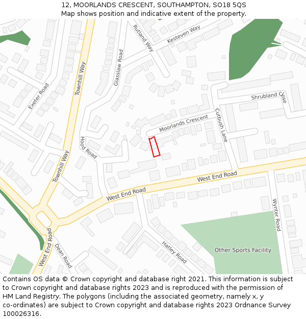 12, MOORLANDS CRESCENT, SOUTHAMPTON, SO18 5QS: Location map and indicative extent of plot