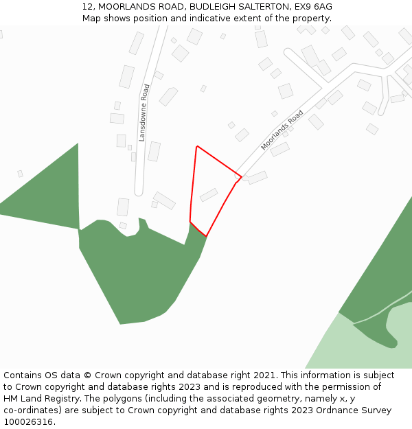 12, MOORLANDS ROAD, BUDLEIGH SALTERTON, EX9 6AG: Location map and indicative extent of plot