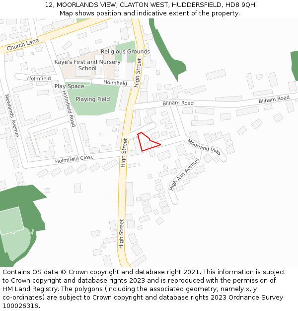 12, MOORLANDS VIEW, CLAYTON WEST, HUDDERSFIELD, HD8 9QH: Location map and indicative extent of plot