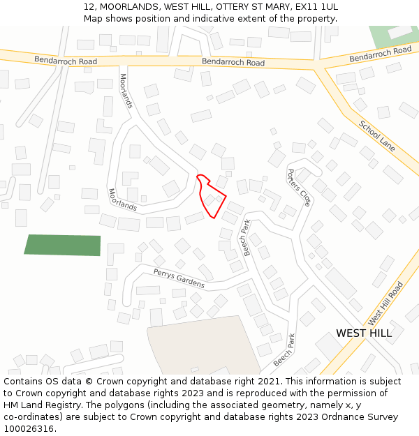 12, MOORLANDS, WEST HILL, OTTERY ST MARY, EX11 1UL: Location map and indicative extent of plot