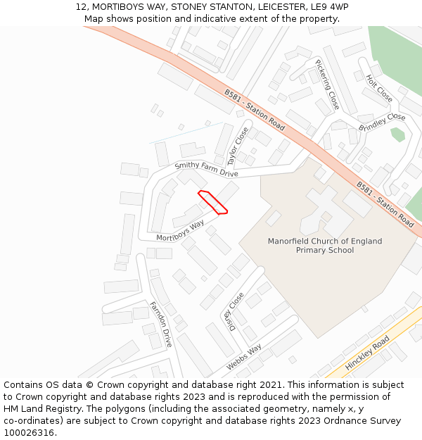 12, MORTIBOYS WAY, STONEY STANTON, LEICESTER, LE9 4WP: Location map and indicative extent of plot