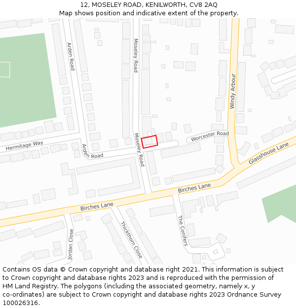 12, MOSELEY ROAD, KENILWORTH, CV8 2AQ: Location map and indicative extent of plot