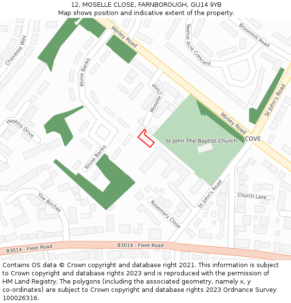 12, MOSELLE CLOSE, FARNBOROUGH, GU14 9YB: Location map and indicative extent of plot