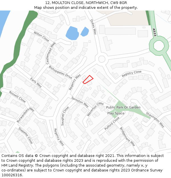 12, MOULTON CLOSE, NORTHWICH, CW9 8GR: Location map and indicative extent of plot