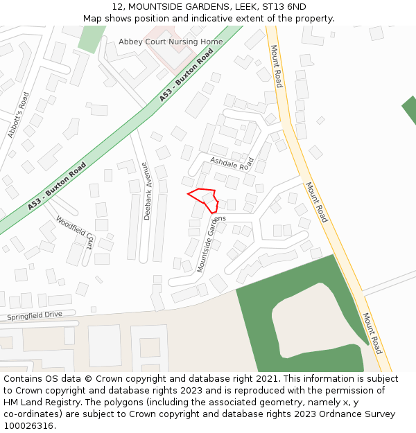 12, MOUNTSIDE GARDENS, LEEK, ST13 6ND: Location map and indicative extent of plot