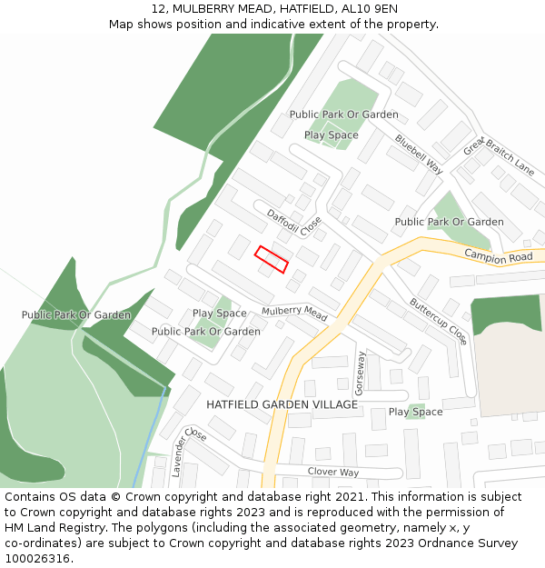 12, MULBERRY MEAD, HATFIELD, AL10 9EN: Location map and indicative extent of plot