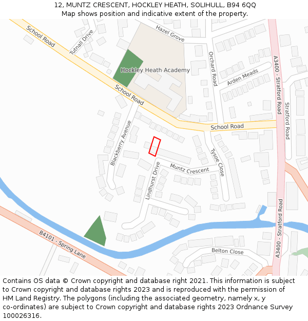 12, MUNTZ CRESCENT, HOCKLEY HEATH, SOLIHULL, B94 6QQ: Location map and indicative extent of plot