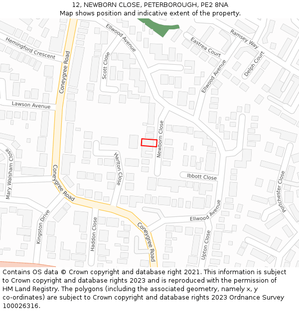 12, NEWBORN CLOSE, PETERBOROUGH, PE2 8NA: Location map and indicative extent of plot