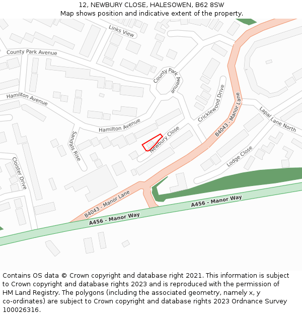 12, NEWBURY CLOSE, HALESOWEN, B62 8SW: Location map and indicative extent of plot