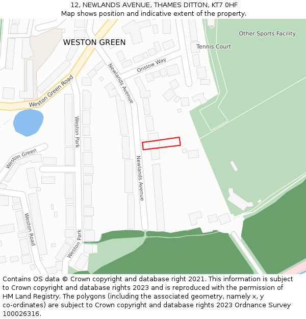 12, NEWLANDS AVENUE, THAMES DITTON, KT7 0HF: Location map and indicative extent of plot