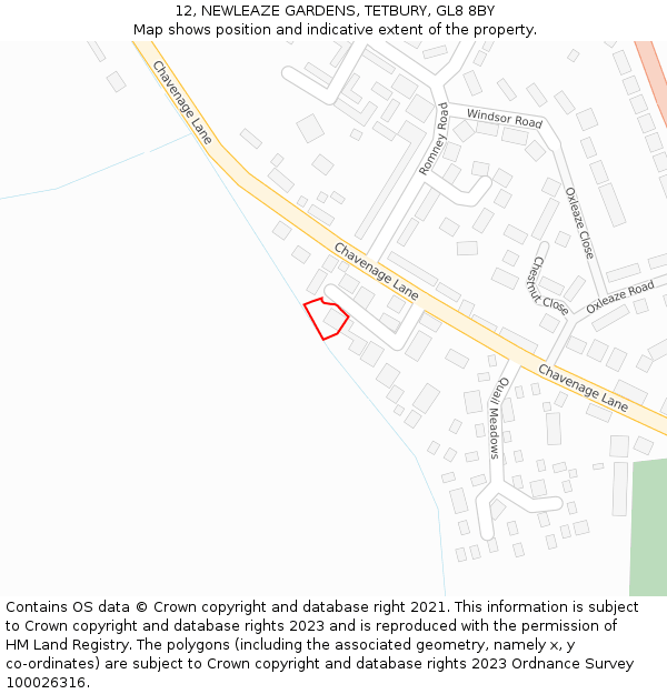 12, NEWLEAZE GARDENS, TETBURY, GL8 8BY: Location map and indicative extent of plot