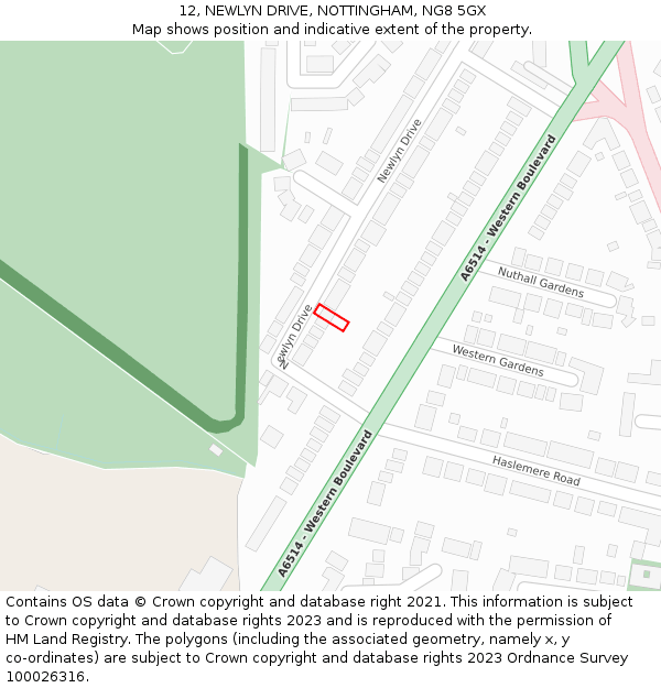12, NEWLYN DRIVE, NOTTINGHAM, NG8 5GX: Location map and indicative extent of plot