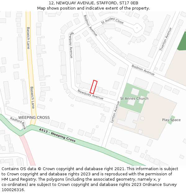 12, NEWQUAY AVENUE, STAFFORD, ST17 0EB: Location map and indicative extent of plot