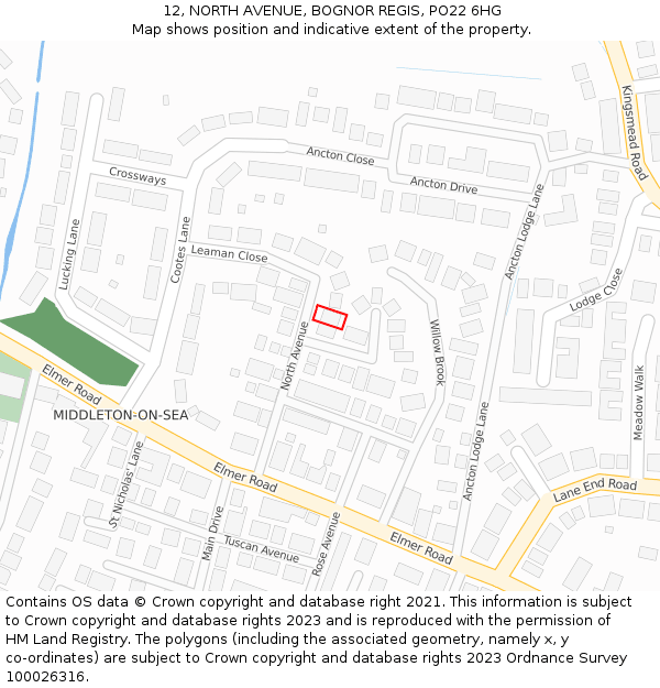 12, NORTH AVENUE, BOGNOR REGIS, PO22 6HG: Location map and indicative extent of plot