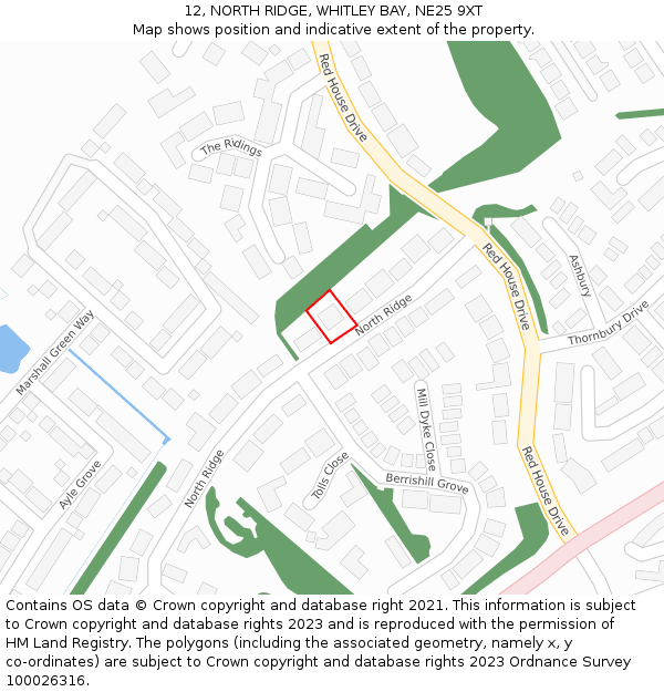 12, NORTH RIDGE, WHITLEY BAY, NE25 9XT: Location map and indicative extent of plot