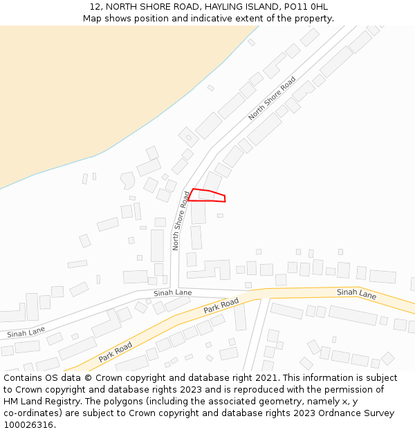 12, NORTH SHORE ROAD, HAYLING ISLAND, PO11 0HL: Location map and indicative extent of plot