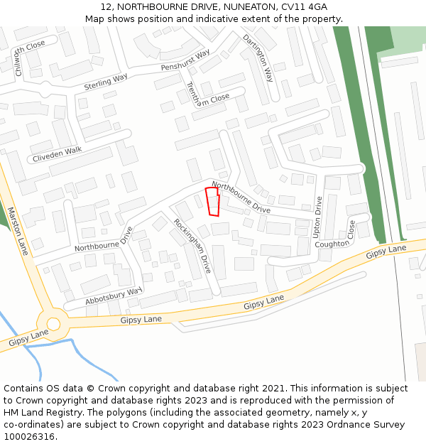 12, NORTHBOURNE DRIVE, NUNEATON, CV11 4GA: Location map and indicative extent of plot