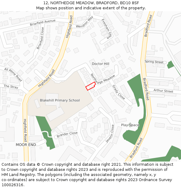 12, NORTHEDGE MEADOW, BRADFORD, BD10 8SF: Location map and indicative extent of plot