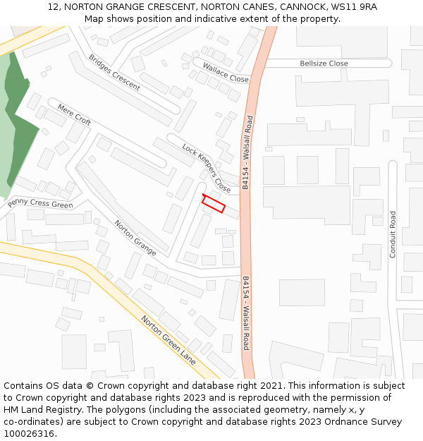 12, NORTON GRANGE CRESCENT, NORTON CANES, CANNOCK, WS11 9RA: Location map and indicative extent of plot