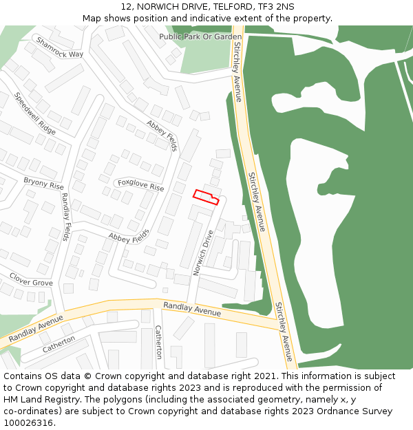 12, NORWICH DRIVE, TELFORD, TF3 2NS: Location map and indicative extent of plot